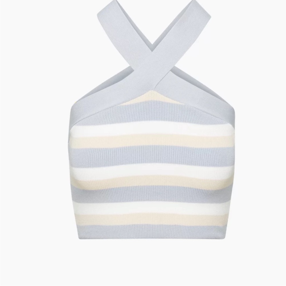 Aritzia Babaton Sculpt Knit Criss Cross Cropped Tank Birch/ Cement Blue NWT - Picture 5 of 11